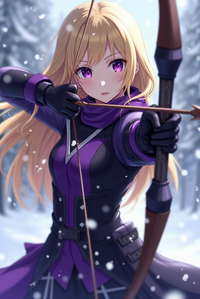 1 girl, teenager, long blonde hair, purple eyes, female military clothing in purple and black, full body, standing holding a bow and arrow, trace of the anime Akame ga Kill, background with falling snow