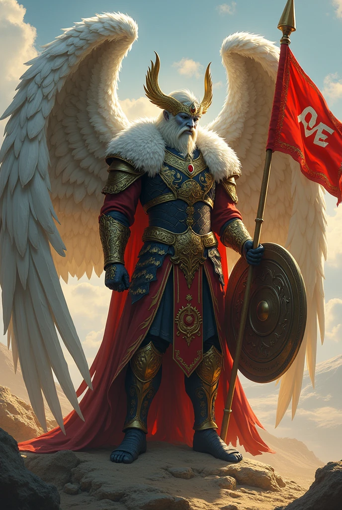 ((best quality)), ((masterpiece)), (detailed), perfect face. Create an epic piece of art featuring an angel of justice that embodies the essence of a god of war and victory. He bends his knee in front of a sign with "King Kodo's Empire" written on it. There is also a flag with "AoE" written on it.