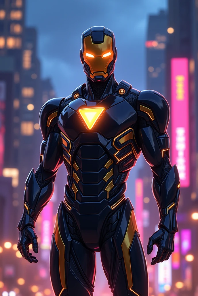 Make me a superhero whose suit is made of advanced super technology and looks like Iron Man, but in an animated anime style. His suit should be shiny black and gleaming gold, and his emblem should be shaped like a triangle., but that looks like iron man