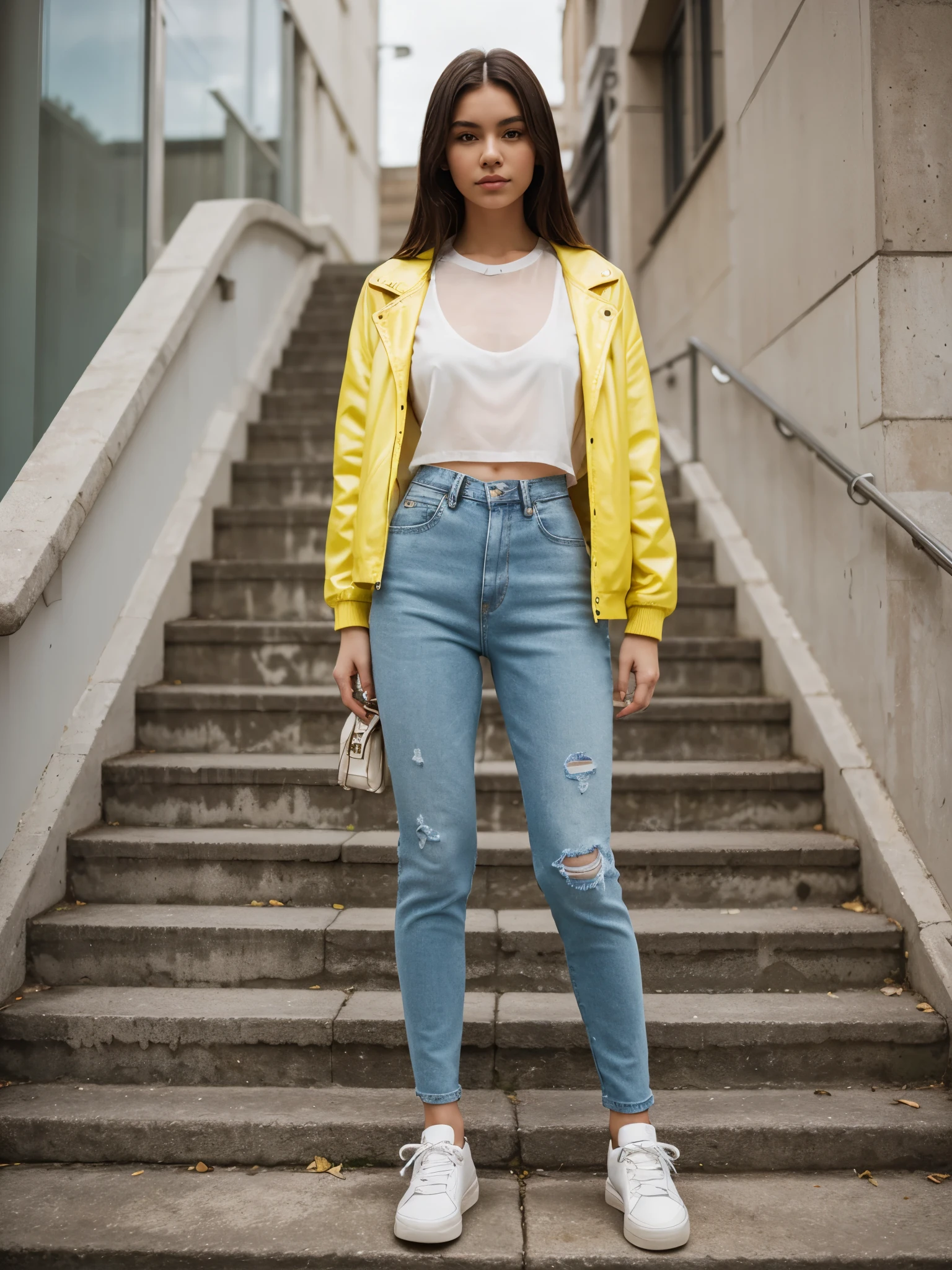 generated a full body of a 21 years old young white girl with dark brown hair, she wear a transparent shirt that we see her medium chest throught the shirt, wearing a white, yellow, and red Balenciaga sneakers with a blue denim jacket, posing on stairs in the style of bold fashion photography, street view, Instagram post, luxury goods, eye-catching detail, Y2K aesthetic