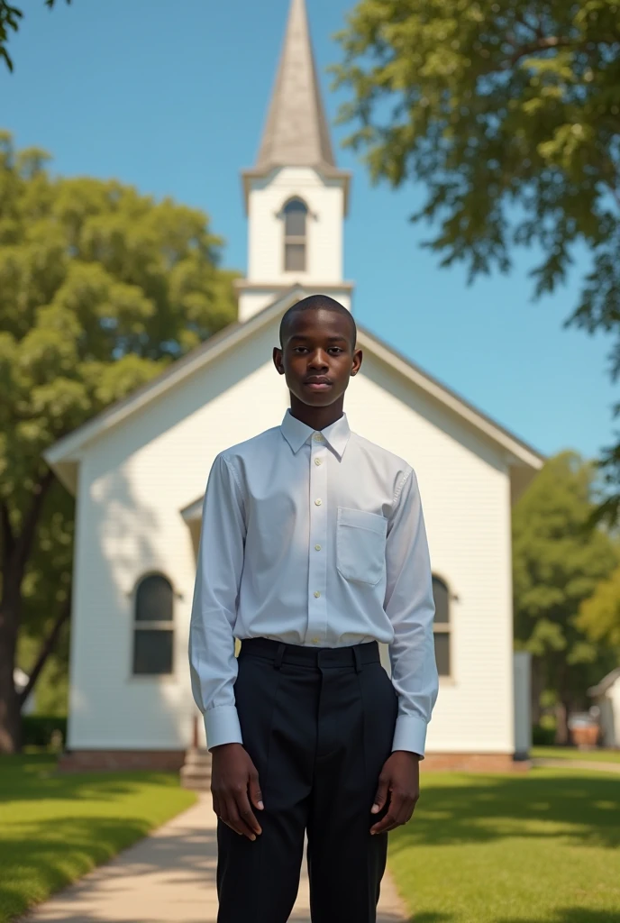 a -yeld thand dark-skinned man with a buzz cut, the background being a Mormon church, and he is dressed in missionary clothes