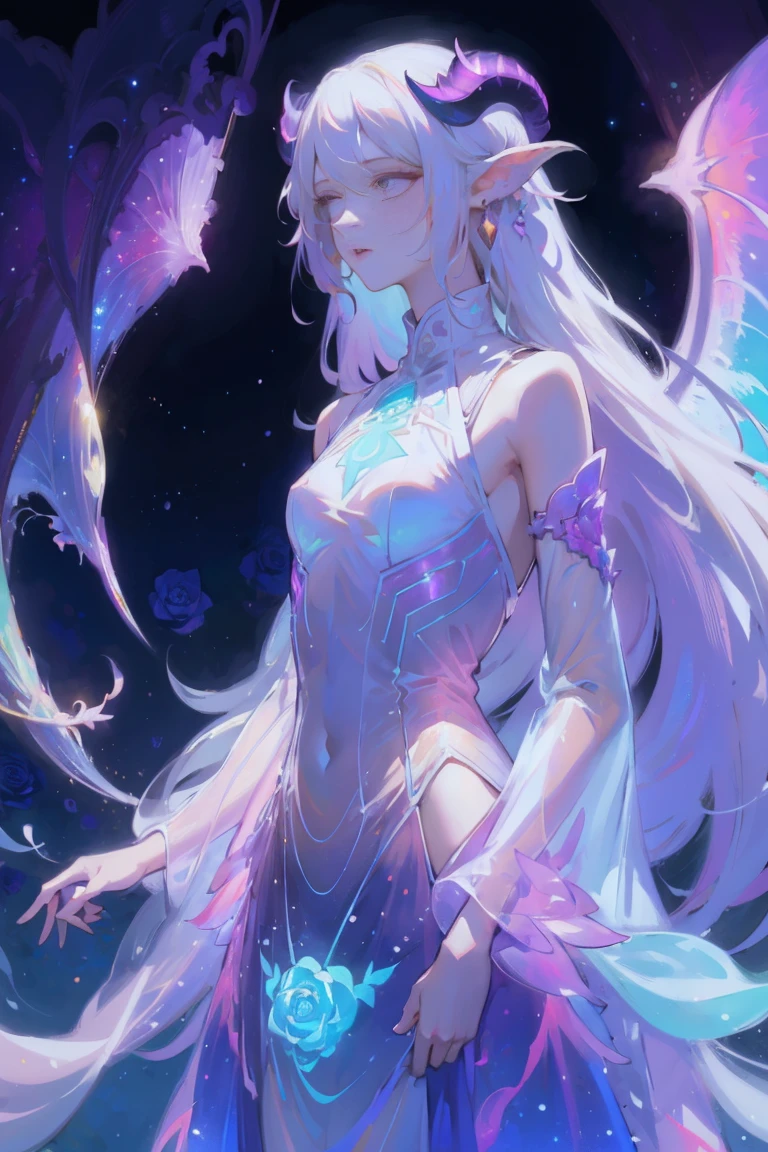 Разработано nty, woman, solo, 8 K, Hyper HD, An albino demon girl stands, shot from afar, ( long white hair:1.3) , A purple rose bush, (Bioluminescent dress with rainbow gradient), Blue turtleneck sweater with a tulle skirt, wink ,(long and complex horns:1.2), White background, Multi-colored clothes, complex parts