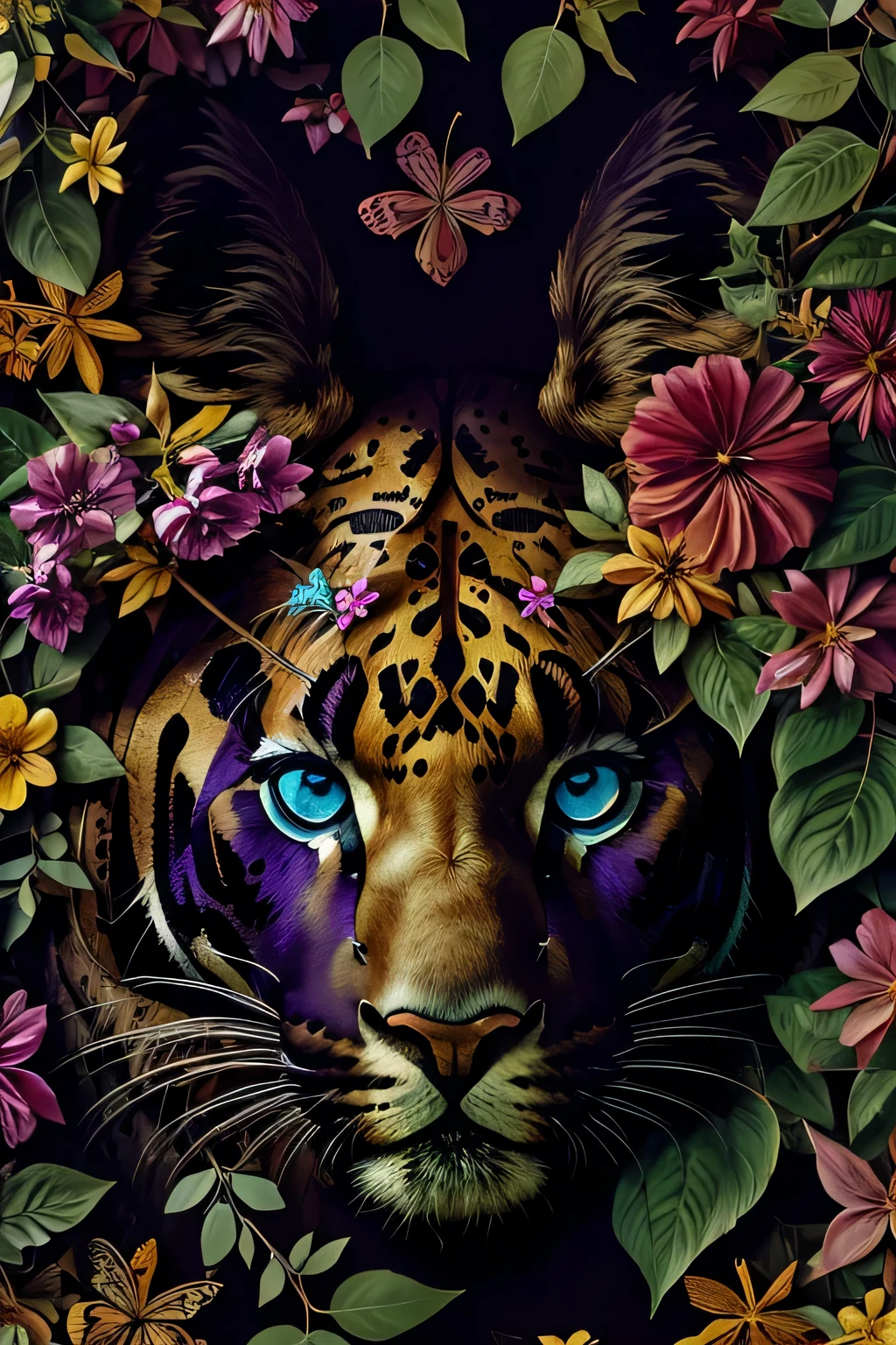 contemporary art collage, Panther head, With flowers and leaves, some smart insects, painted, Super detailed, full color, bright colors, 8K, actual