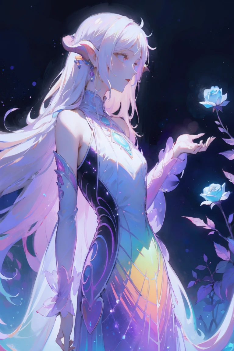 Разработано nty, woman, solo, 8 K, Hyper HD, An albino demon girl stands, shot from afar, ( long white hair:1.3) , A purple rose bush, (Bioluminescent dress with rainbow gradient), Blue turtleneck sweater with a tulle skirt, wink ,(long and complex horns:1.2), White background, Multi-colored clothes, complex parts