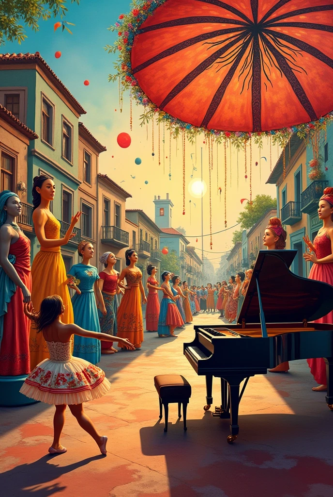 Make me a horizontal image that talks about the types of art or mainly plastic arts, music, theater, folklore, dance (This is for a wall mural)