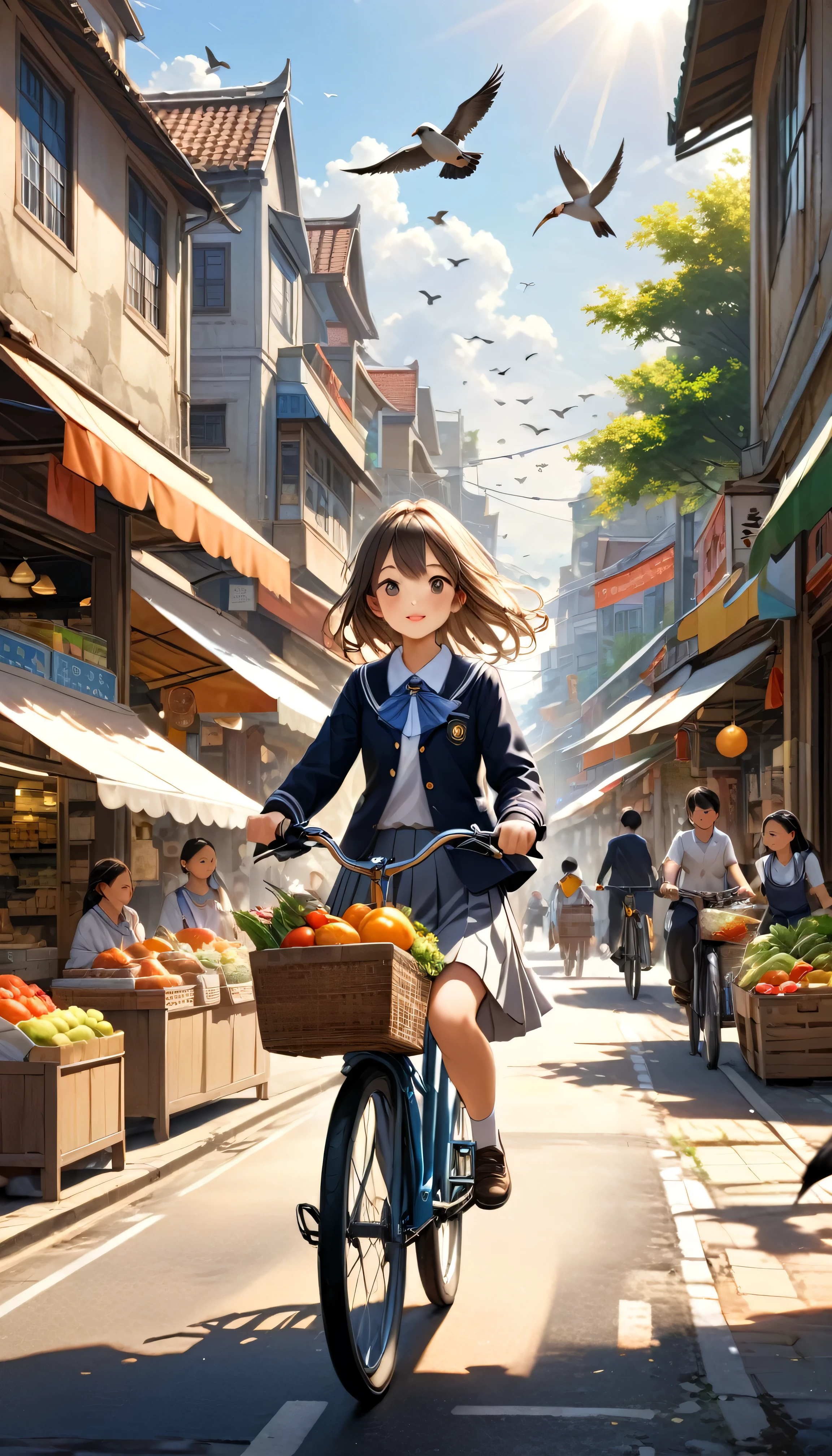 A girl is riding her bicycle home from school.。He is wearing a neat school uniform,Faces bathed in the warm afternoon sun。Pass by the township market.The surrounding environment is also clearly visible,The lively atmosphere of the town market。The birds flying in the distance add to the vitality。The whole photo has a super-realistic quality,Sharp details,Elegant depth of field,Perfectly capturing the tranquility and movement of this moment。This photo is a masterpiece。