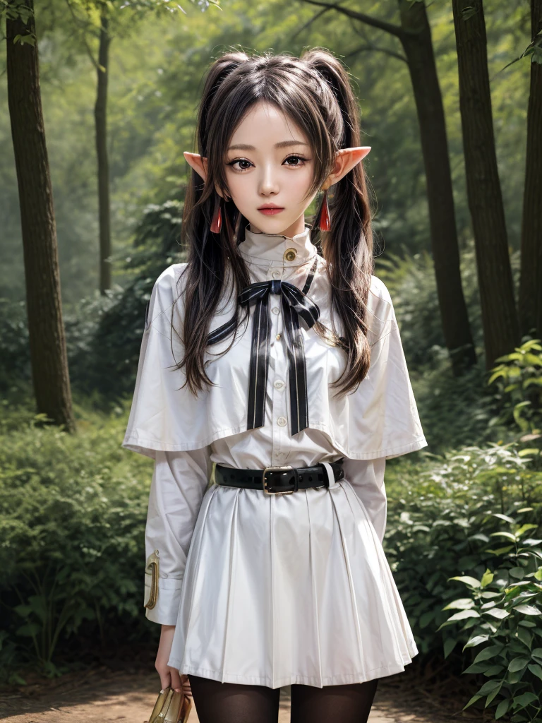 masterpiece, best quality, absurdres, 1girl, solo, FrierenBase, long hair, twintails, earrings, white capelet, striped shirt, horizontal stripes, long sleeves, belt, white skirt, gold-trim, black pantyhose, arms behind back, outdoors, forest,