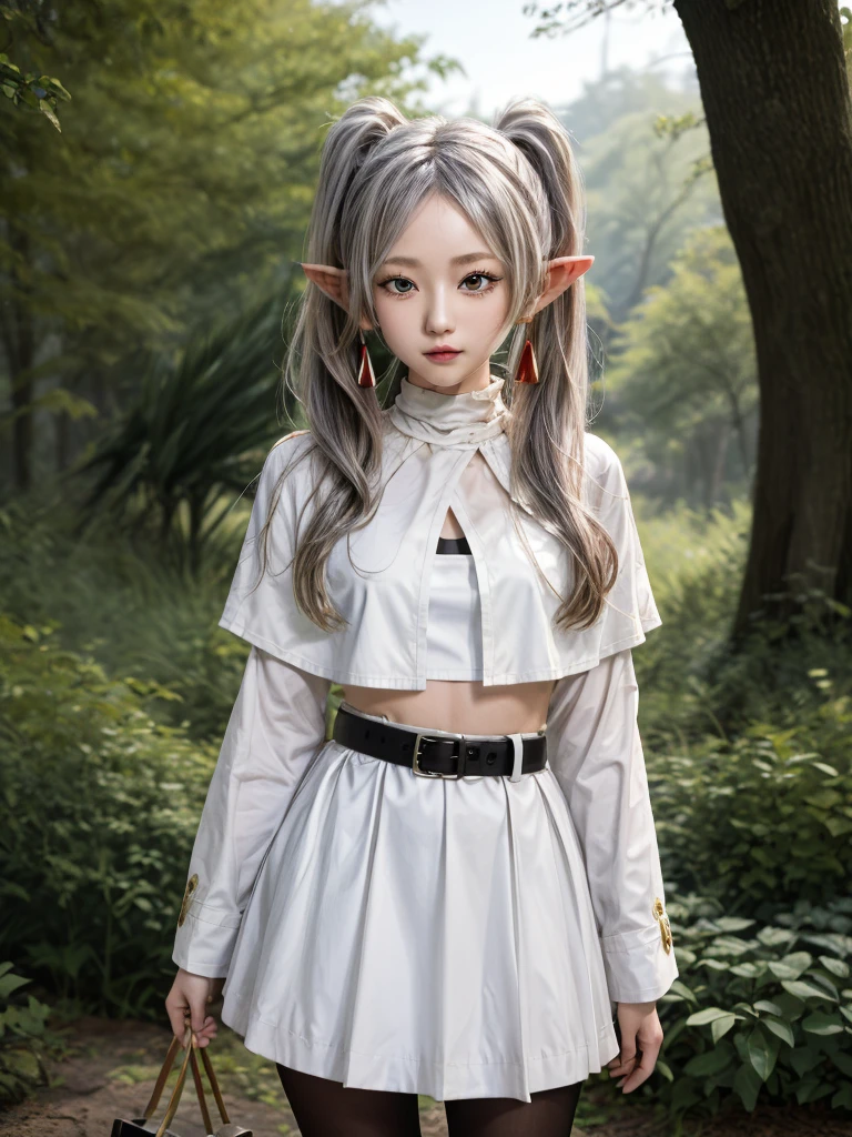 masterpiece, best quality, absurdres, 1girl, solo, FrierenBase, long hair, twintails, earrings, white capelet, striped shirt, horizontal stripes, long sleeves, belt, white skirt, gold-trim, black pantyhose, arms behind back, outdoors, forest, 