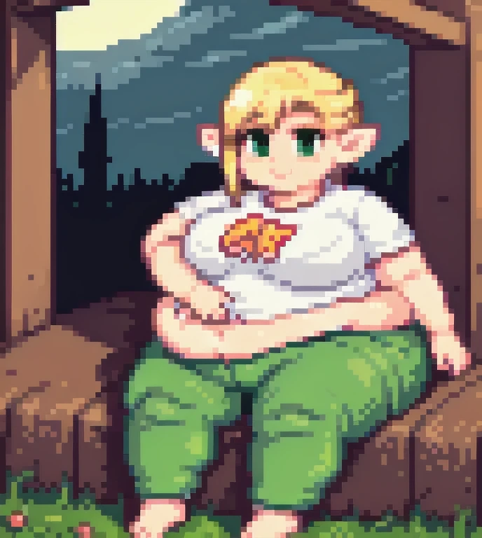 high quality, Pixel, 32 Bits, detailed eyes, 1 solo girl, obese erufuda, short hair, pointy ears, obese elf, blonde hair, (green eyes:1.5), white t-shirt, green pants, braid, big breasts, thick thighs, ((Perfect body)), smile, big belly, very cute, 4K, PixelArt