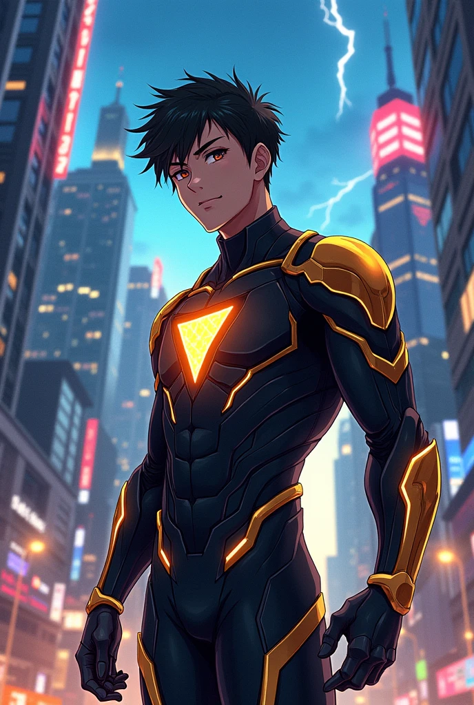 Make me a superhero whose suit is made of super advanced technology and looks like Iron Man, but is an animated anime version. His suit should be matte black and gleaming gold, and his emblem should be shaped like a triangle., but that looks like iron man