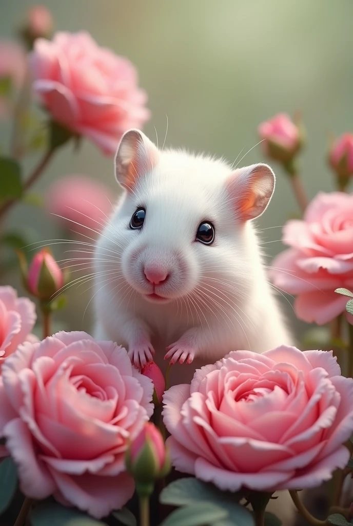 realistic White Hamster with Rose