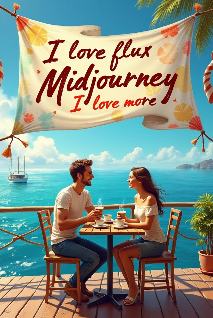 cafe at sea, detailed, loving pair, artistically styled text with color brushes "i love flux, but midjourney i love more" on waving big banner