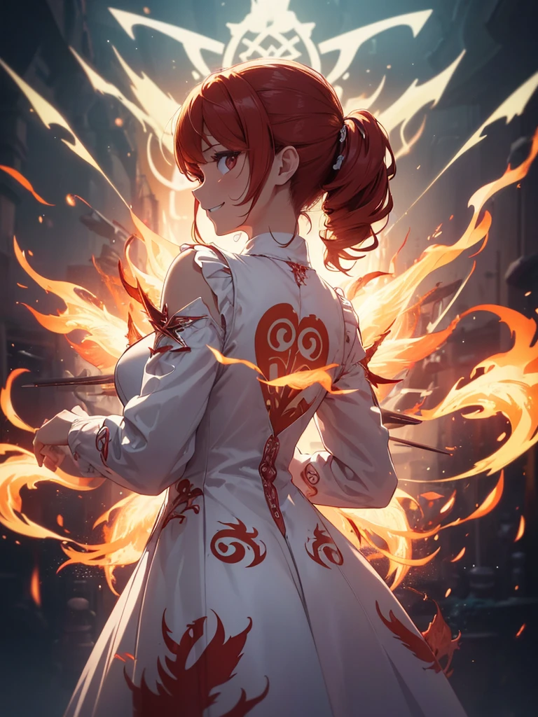 (((best quality, sharp image, clear image, cinematic lighting, 8k resolution, masterpiece, ultra detailed, intricate))) Girl, (((looking over left shoulder))), (shot from behind), ((shot from hip up)), fiery red hair, pigtails, ((white dress)), ((flaming sigils, flaming runes)), spiky rock formations, (flaming lotus flowers frame), (intricate background), ((Phoenix)), (swirling flames), smiling