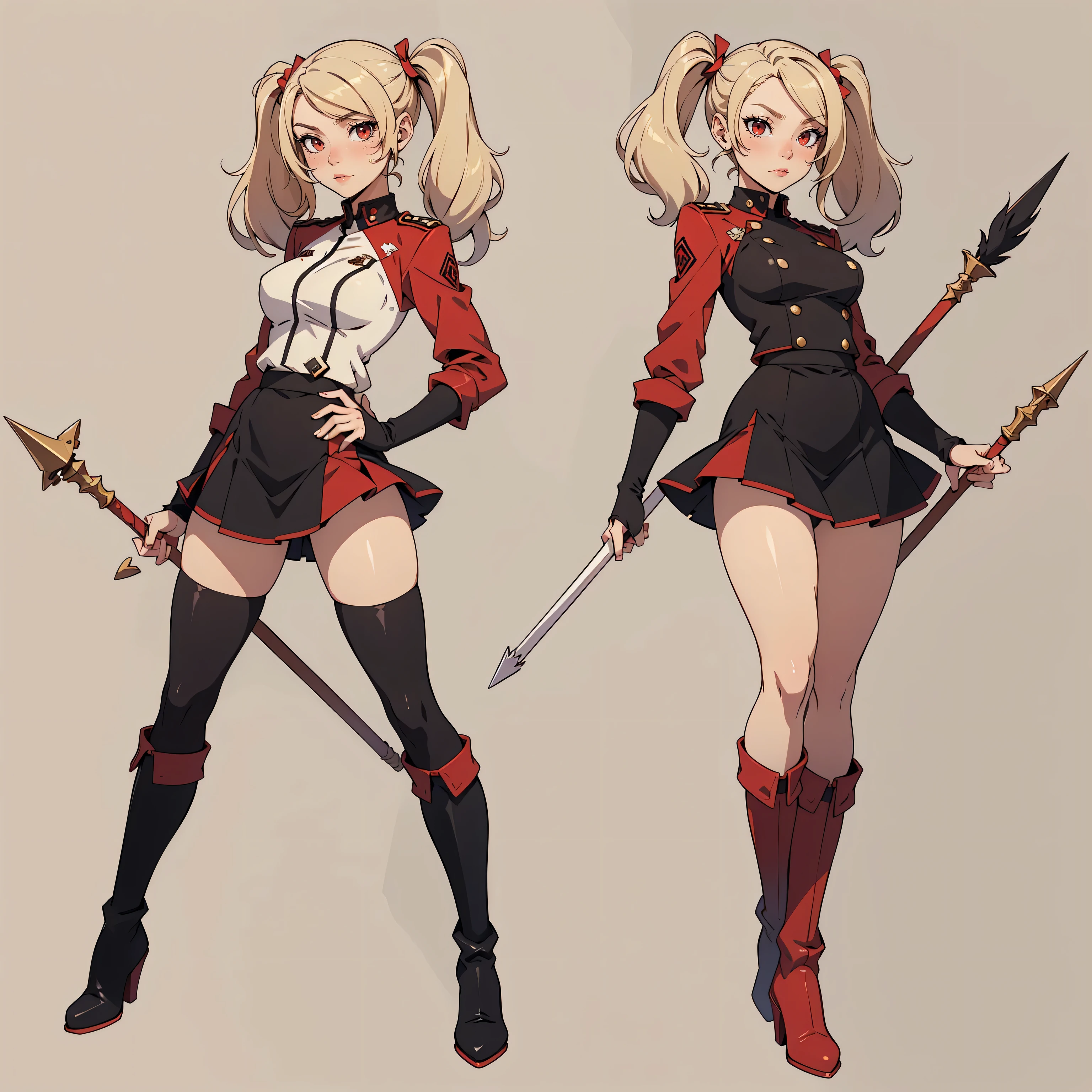 Very detailed, neutral facial expression, figure, full body view, blonde hair with twintails, red eyes, looking at viewer, black and red uniform, skirt, black boots, holding spear.