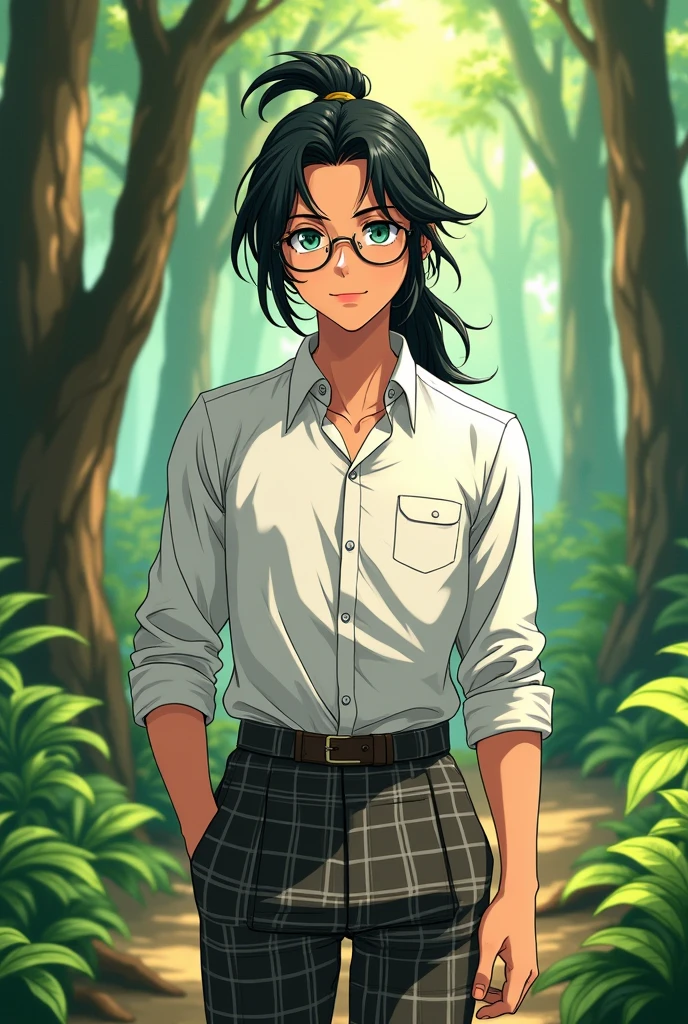 Draw a 19-year-old anime-style indigenous man wearing formal 90s clothing., light green eyes, In the background of the image, place a forest.