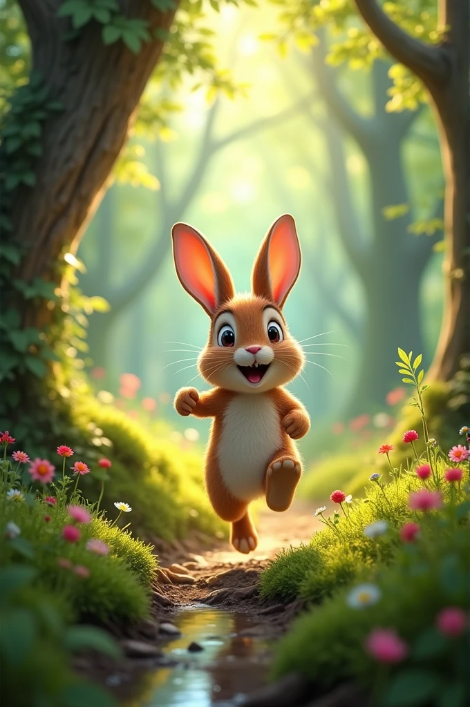 Scene:Hoppy hurrying home safely
Prompt:The rabbit hoppy hopping quickly through the forest, relieved to be heading back towards the safety of his burrow