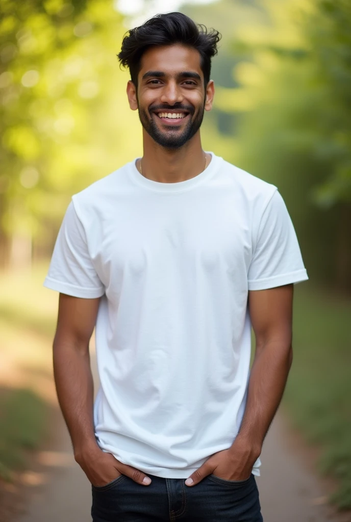 Give me a model of a 25-year-old Indian European man wearing a simple white t-shirt against a blurred natural background.. Model looking at the camera head on and smiling. full body photo