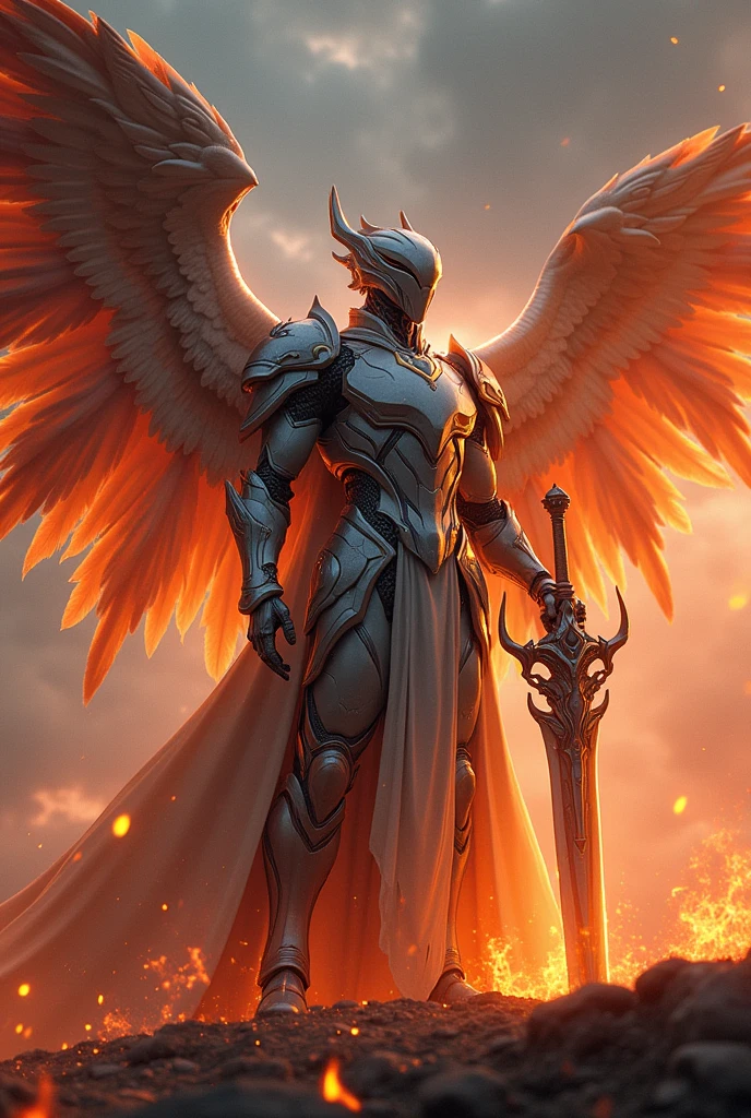 futuristic armored paladin with wings greatsword and flames around him, anatomically correct, retina, UHD, masterpiece, accurate, 4K