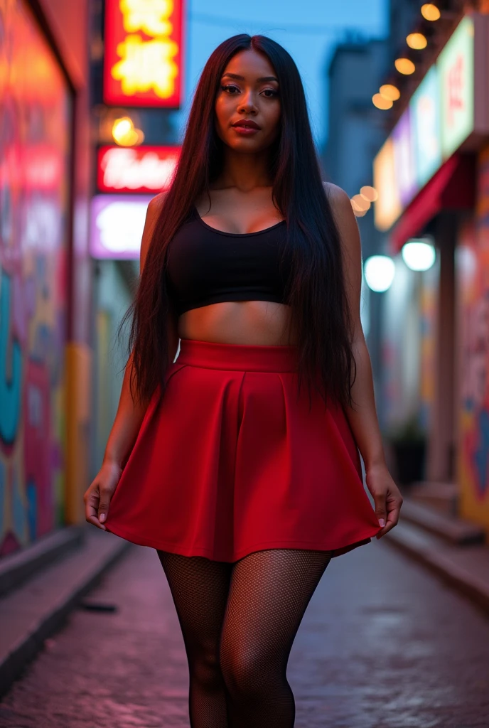 Mixed black ethnicity, curvy girl, long straight hair, sexy circle skirt, crop top, tights, sexy pose, big ass, big hips