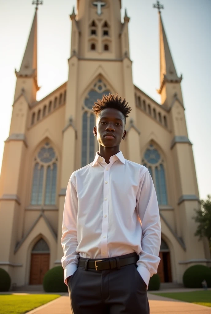 A 15-year-old thin, dark-skinned man with a fly-shaped haircut, standing in front of a Mormon church, dressed in missionary clothes, and his hair sculpted like a fly. 