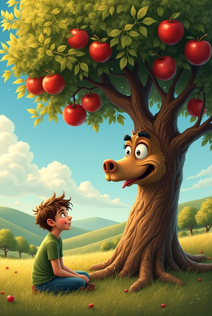 Create a animation pic A apple tree talk with a young man