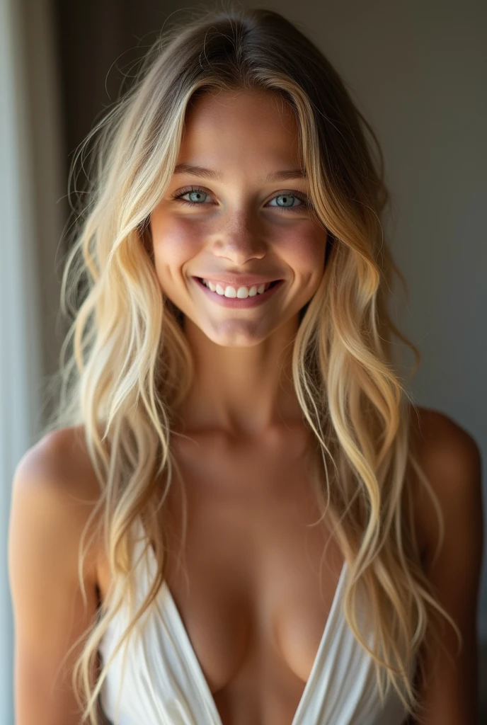 A high quality photo of a beautiful slim girl., (11 years: 1.5)naked in her room. realistic anatomy. very long wavy blonde hair, detailed attractive face, beautiful happy smile, looking at the viewer