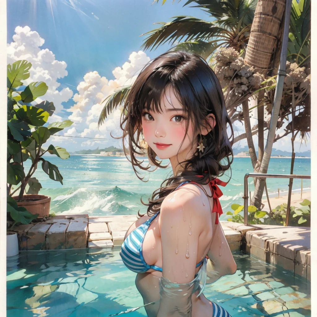 ((highest quality, masterpiece, High resolution)), ((reality)),Photos of beautiful Japanese women,((anime art))、 (((1 girl))), normal size breasts, slim body shape, long ponytail,double eyelid, Wet see-through micro bikini, A pareo with bold ethnic patterns and plenty of primary colors、(Brown skin:1.4),realistic skin、Wet,whole body,cinematic light、tropical、Against the background of palm trees on both sides、on a sunny beach、With the sea in the background、blur background、smile