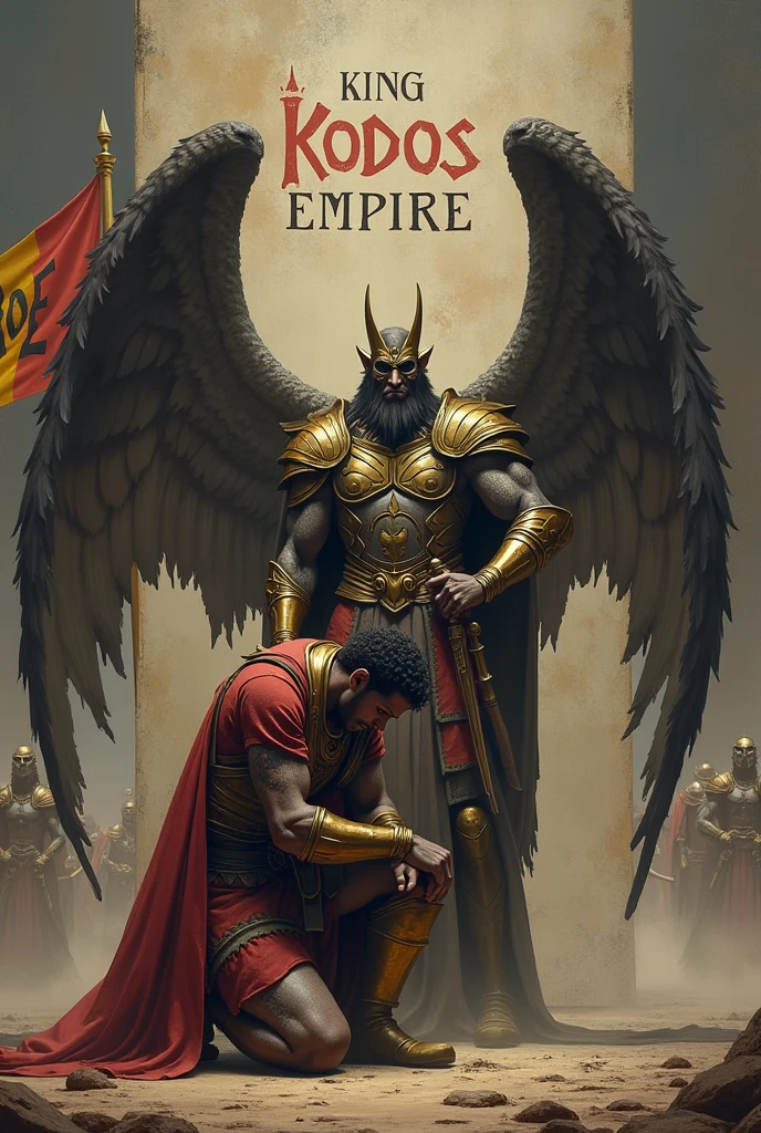 ((best quality)), ((masterpiece)), (detailed), perfect face. Create an epic piece of art featuring an angel of justice that embodies the essence of a god of war and victory. He bends his knee in front of a sign that says "King Kodos Empire". There is also a flag with "AoE" written on it.