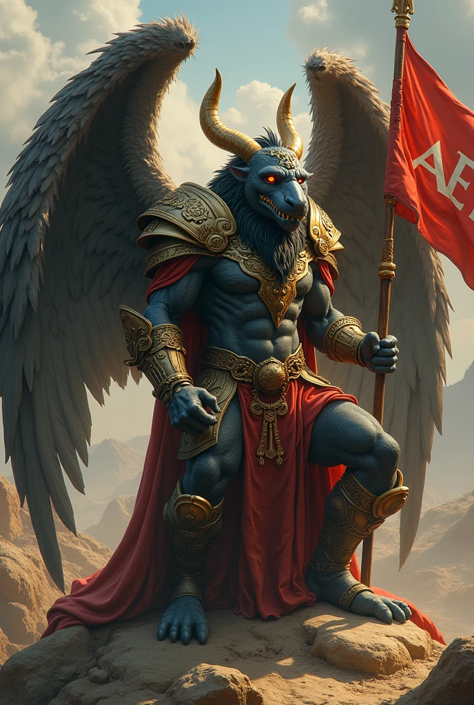 ((best quality)), ((masterpiece)), (detailed), perfect face. Create an epic piece of art featuring an angel of justice that embodies the essence of a god of war and victory. He bends his knee in front of a sign that says "King Kodos Empire". There is also a flag with "AoE" written on it.