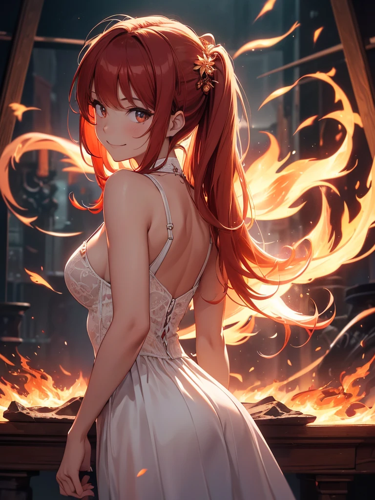 (((best quality, sharp image, clear image, cinematic lighting, 8k resolution, masterpiece, ultra detailed, intricate))) Girl, (((looking over left shoulder))), (shot from behind), ((shot from hip up)), fiery red hair, pigtails, ((white dress)), ((flaming sigils, flaming runes)), spiky rock formations, (flaming lotus flowers frame), (intricate background), ((Phoenix)), (swirling flames), smiling
