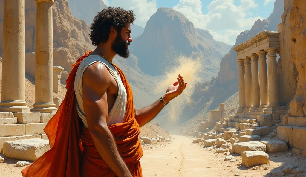 A male stoic philosopher with a well-proportioned and attractive physique, not excessively muscular. He is wearing classic tunics, slightly transparent, that gently drape over his body, subtly revealing parts of his shoulder, with a very short and well-groomed beard, and wavy, well-stylized hair. He stands amidst ruins, his expression solemn, as he releases a handful of sand that slips through his fingers, symbolizing the fleeting nature of trust and the shattered certainties of betrayal. The scene is set in a vibrant, impressionist landscape with rich colors and dynamic brushstrokes, creating a sense of movement and emotion. The background has a subtle texture that adds depth but complements the text without overpowering it.