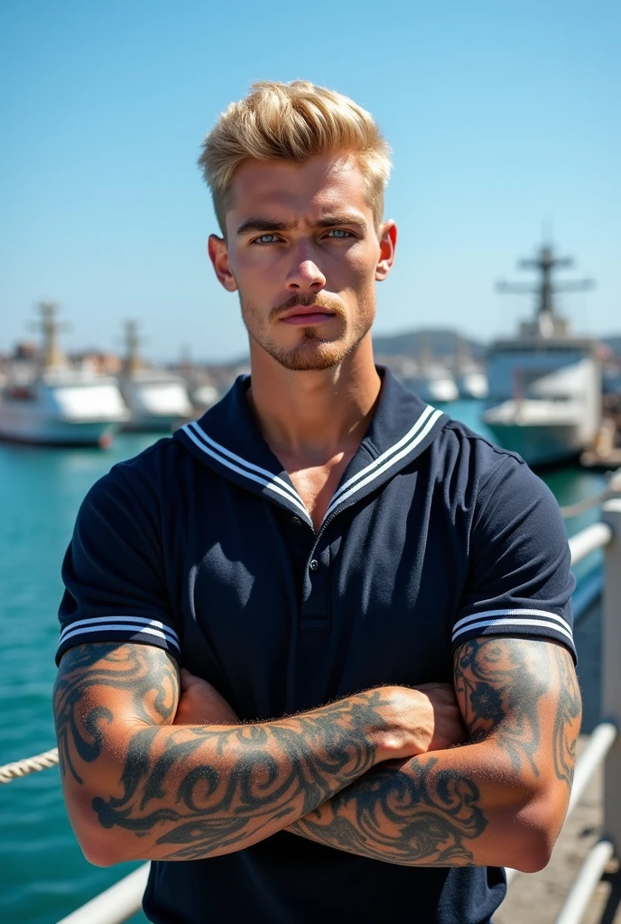 Blonde man with blue eyes and some tattoos, dress with navy uniform