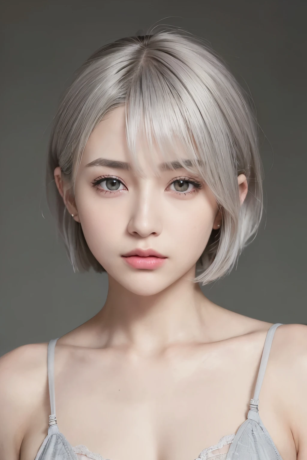 (RAW Photos, Highest quality, masterpiece: 1.2), (Realistic: 1.4), Best lighting, 20-year-old, (Light grey hair, Short Bob Cut, Divide your hair into 3/7ths, hair above one ear, Symmetrical eyes, alone, Detailed skin :1.2),