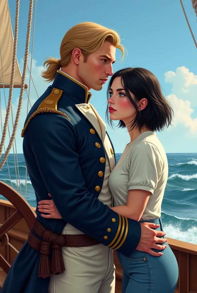 Draw in the hyperrealism genre. Jack Aubrey, Tall strong captain, broad shoulders, powerful muscles, in the uniform of a nineteenth century naval captain, blond, her hair is tied in a ponytail, The hair curls at the ends, age 38 years, face clean shaven, good-natured face, with expressive features, Blue eyes, height 183 centimeters. Aila is a short girl, height 157 centimeters, Straight dark hair, Bob haircut, There are no bangs, grey eyes, Mole under the eye, thin lips. small breasts, wide hips, slim waist, Jack Aubrey's height. She is wearing a white t-shirt, Mom jeans, Modern sneakers. They stand with Jack at the helm., Jack Aubrey обнимает ее за талию. Draw in full face. She is looking into the distance. Draw her hands properly. Draw her eyes properly too. Draw them realistically. Aila from the twenty-first century, and Jack from nineteen. Jack has a beardless face..