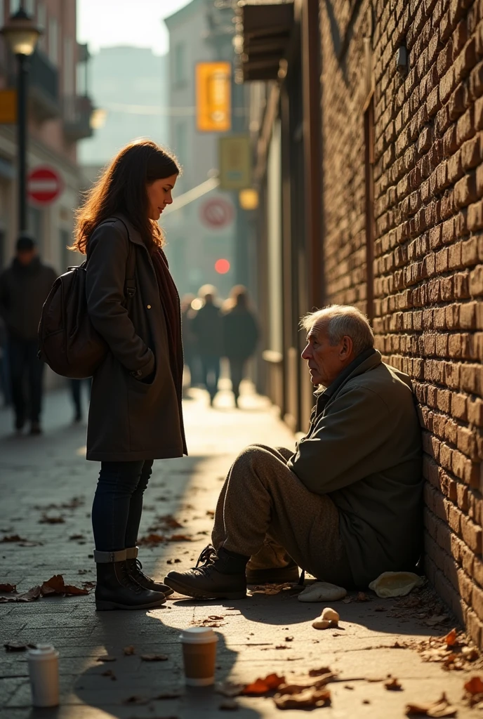 A woman who sees a beggar in the street with a