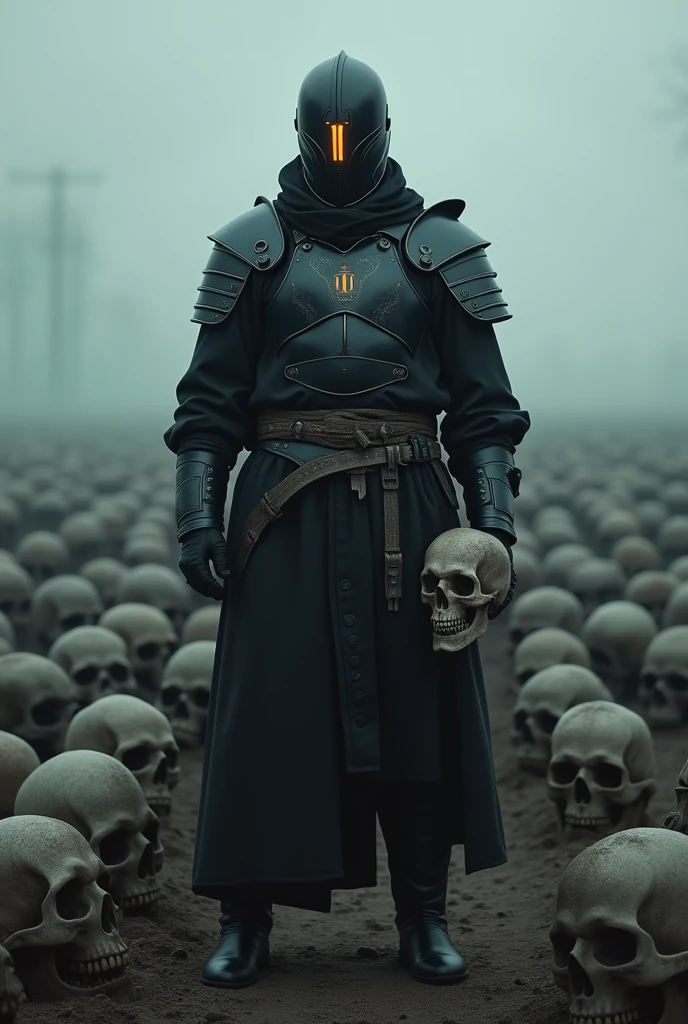 1man, white man, black half-face helmet, glowing black lantern insignia, metal parts, black cape, armor gi, black boots, holding a skull, skulls background
