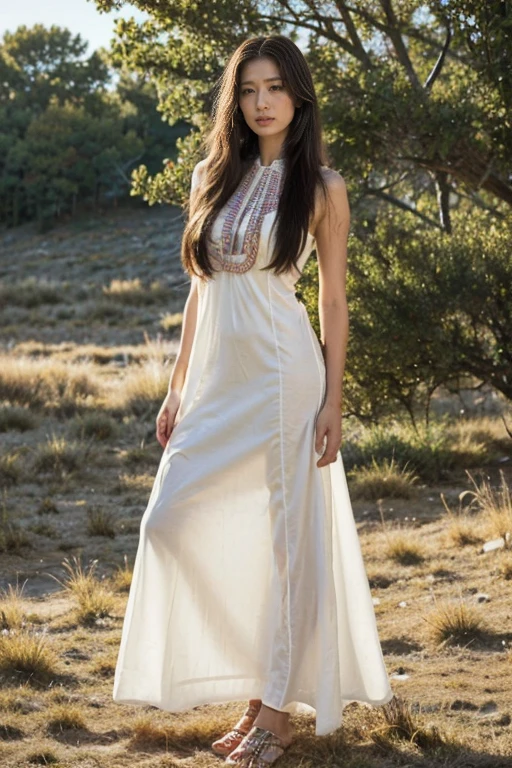 (RAW photos, best quality), (Practical, Photo Practical: 1.3), best quality, Very detailed, masterpiece, Ultra Detail, One Native American girl, Very detailed的脸部，Exquisite eyes, Full body portrait, Perfect body，(((Perfect Indian attire、Indian long dress)))，Long legs，Long-range shooting, World masterpiece Theater, Stylish_long_hair, best quality, Movie Lighting，Standing on the American western prairie，Vast grasslands and mountains