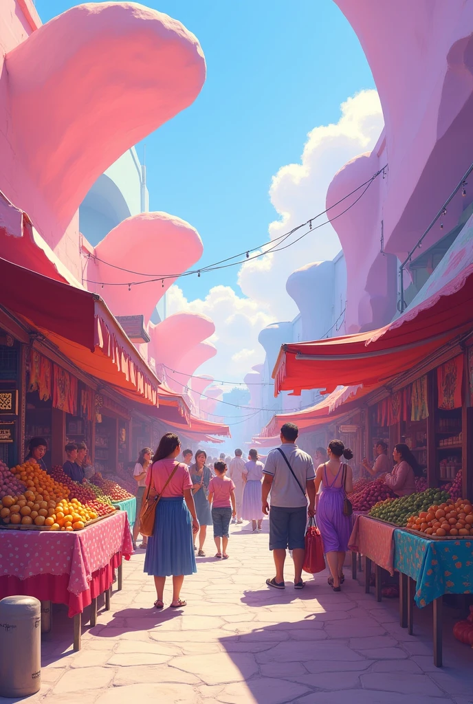 Imagine a bustling marketplace with a dreamlike atmosphere, rendered in a abstract style, using a pastel palette