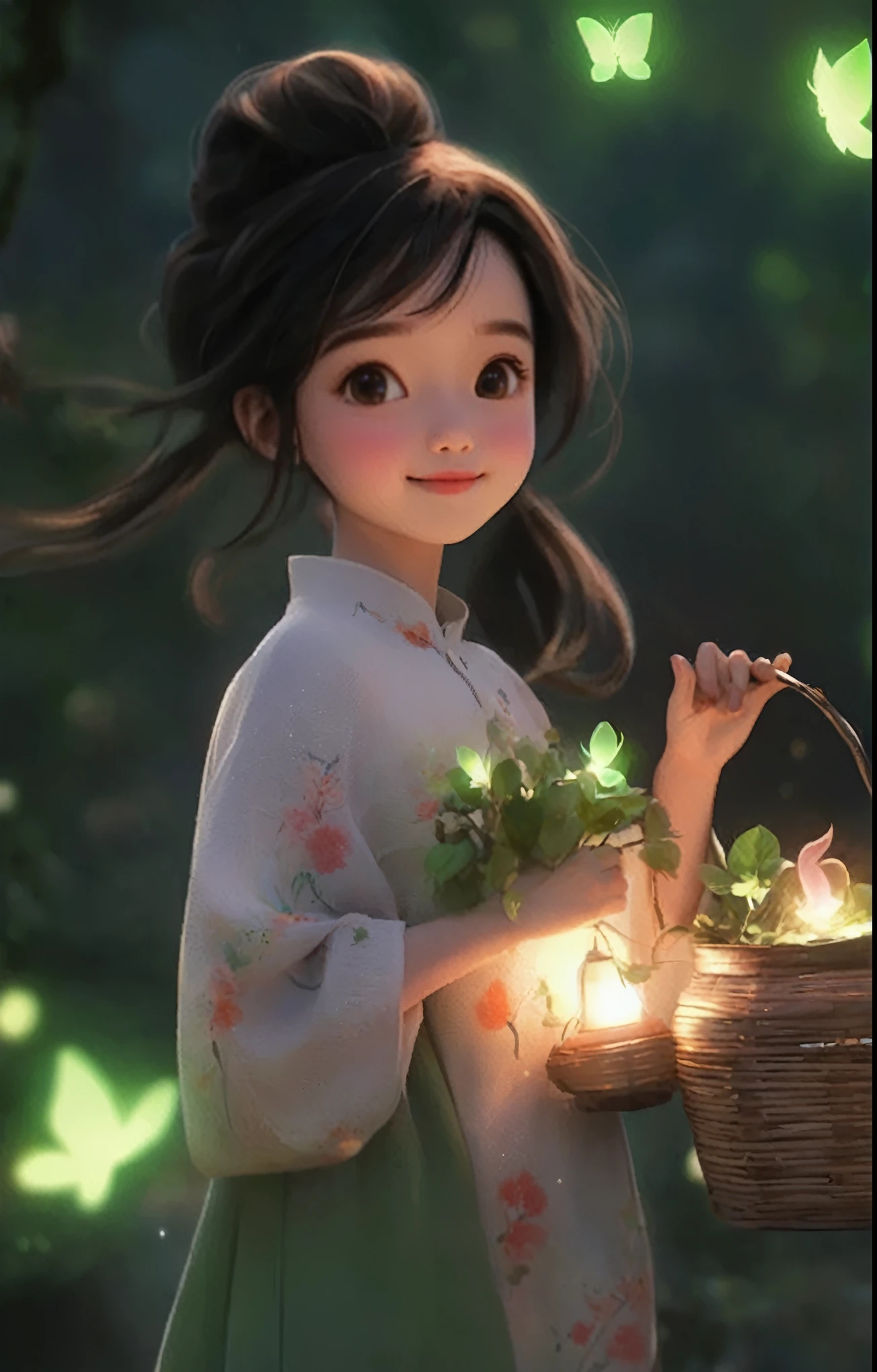 A long-haired girl sitting on a bench，Holding a cup in hand, charming细致的数字艺术, charming的数字艺术, charming卡通 character, charming的肖像, charming卡通, charming的角色, Soft portrait shots 8 k, charming的数字, charming的 3d 渲染, charming, charming的动漫女孩, charming美丽, Beautiful soft lighting, charming, charming的卡哇伊女孩