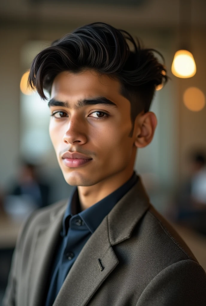 An indian nineteen  boy. Having silky hairs which somes on forehead  . Oval shaped face and and broad body and create this image in which only half body will apear . And also wearer a coat of office . Colour of is indian fair skin colour mixture of little yellow white and also having male broad body . No beard on face but mature face. And also normal hairs.