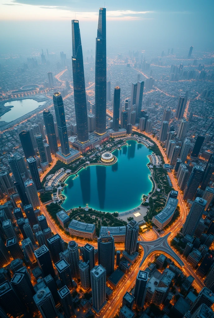 An aerial view of a highly developed megacity with 10 million inhabitants, com uma lagoa enorme e um uma downtown com um predio de 500M
