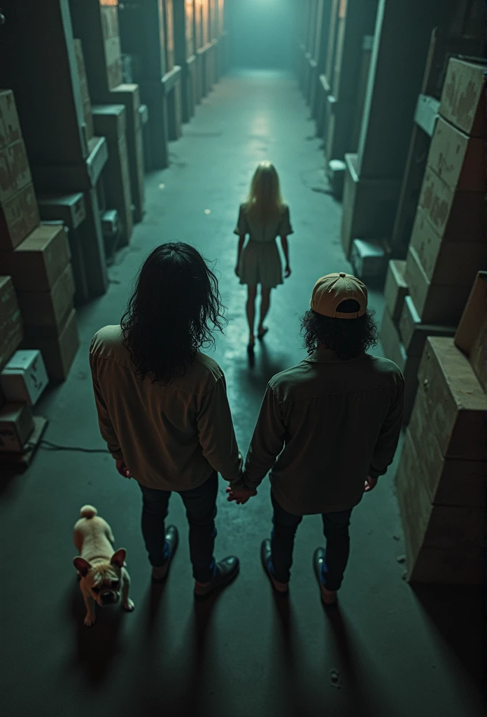 Ariel view of a man with long hair, a man with a backwards baseball cap, a blonde woman, and a French bulldog walking by a warehouse at night, nightmare 