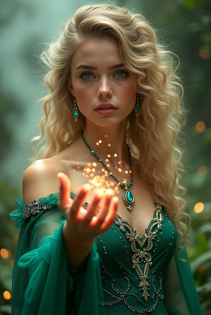 Beautiful young woman with curly blonde hair, sapphire eyes, freckles. She can controll magic and she is wearing a beautiful emerald green dress with diamonds and beautiful gemstones.