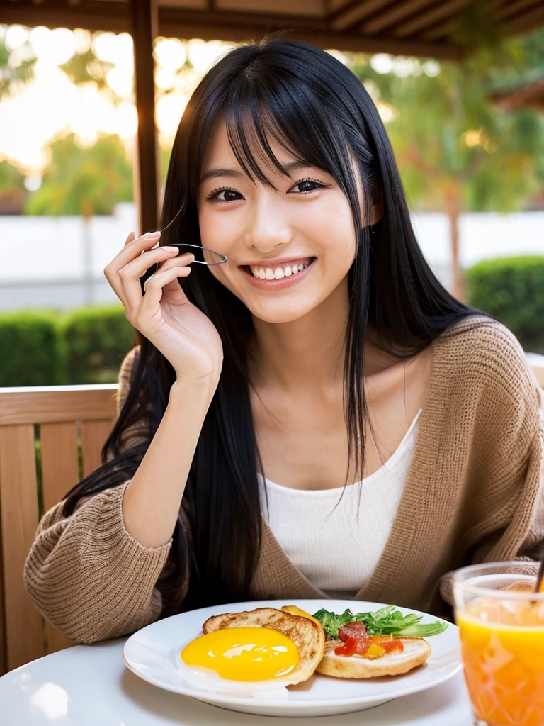 A Japanese woman with long black hair eating breakfast
Sunrise
A big smile