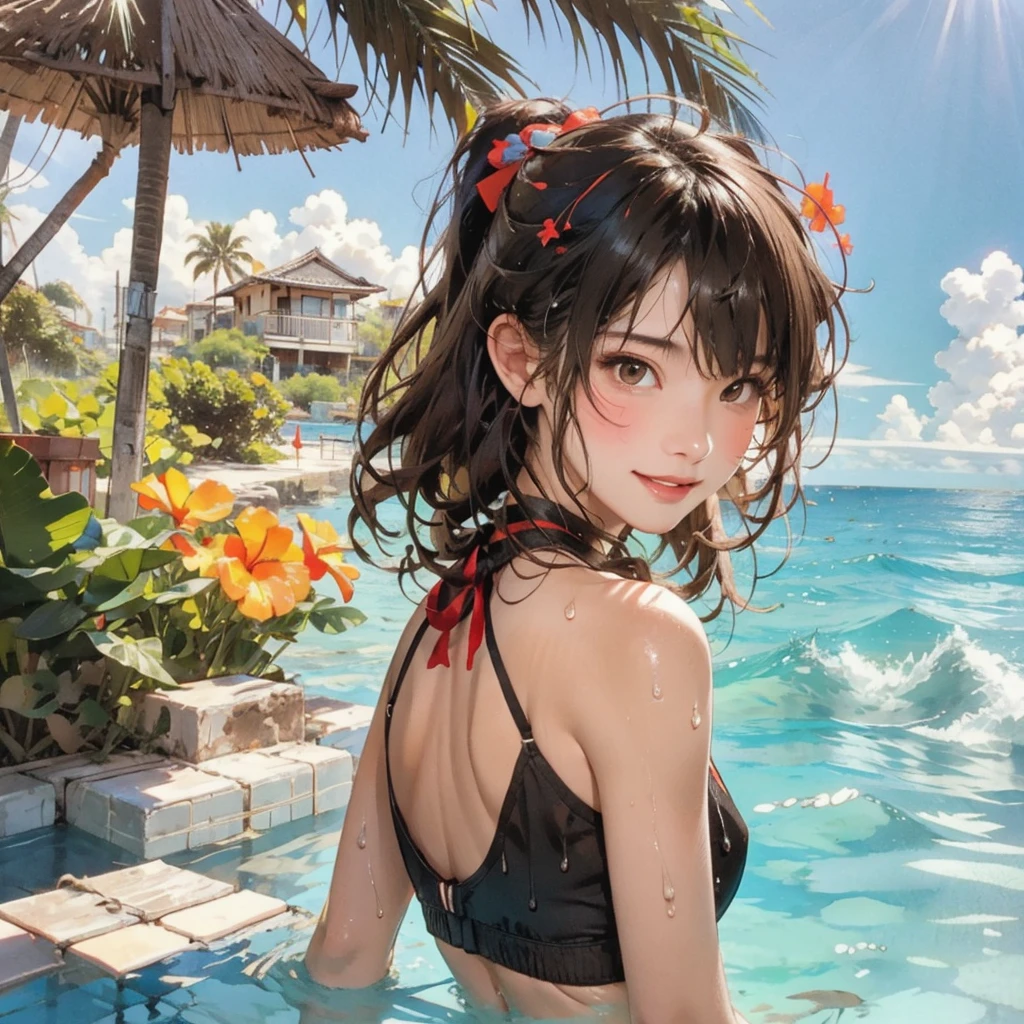 ((highest quality, masterpiece, High resolution)), ((reality)),Photos of beautiful Japanese women,((anime art))、 (((1 girl))), normal size breasts, slim body shape, long ponytail,double eyelid, Wet see-through micro bikini, A pareo with bold ethnic patterns and plenty of primary colors、(Brown skin:1.4),realistic skin、Wet,whole body,cinematic light、tropical、Against the background of palm trees on both sides、on a sunny beach、With the sea in the background、blur background、smile