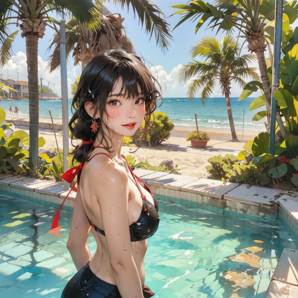 ((highest quality, masterpiece, High resolution)), ((reality)),Photos of beautiful Japanese women,((anime art))、 (((1 girl))), normal size breasts, slim body shape, long ponytail,double eyelid, Wet see-through micro bikini, A pareo with bold ethnic patterns and plenty of primary colors、(Brown skin:1.4),realistic skin、Wet,whole body,cinematic light、tropical、Against the background of palm trees on both sides、on a sunny beach、With the sea in the background、blur background、smile