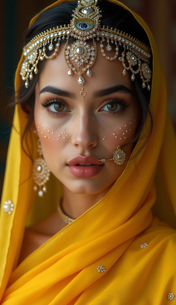 golden rainbow tattoos on face and little brown diamond jewelry tanned skin arab hairs style Arabian figure eternal lady face lips bite tease hyperealism photorealistic 7k best background wallpaper makeup model style hairs Arabian makeup siren eyes wearing a bright yellow smooth silk transparent sari and blouse and a silver tiara with a single peacock feather adorned in it, with divine attributes