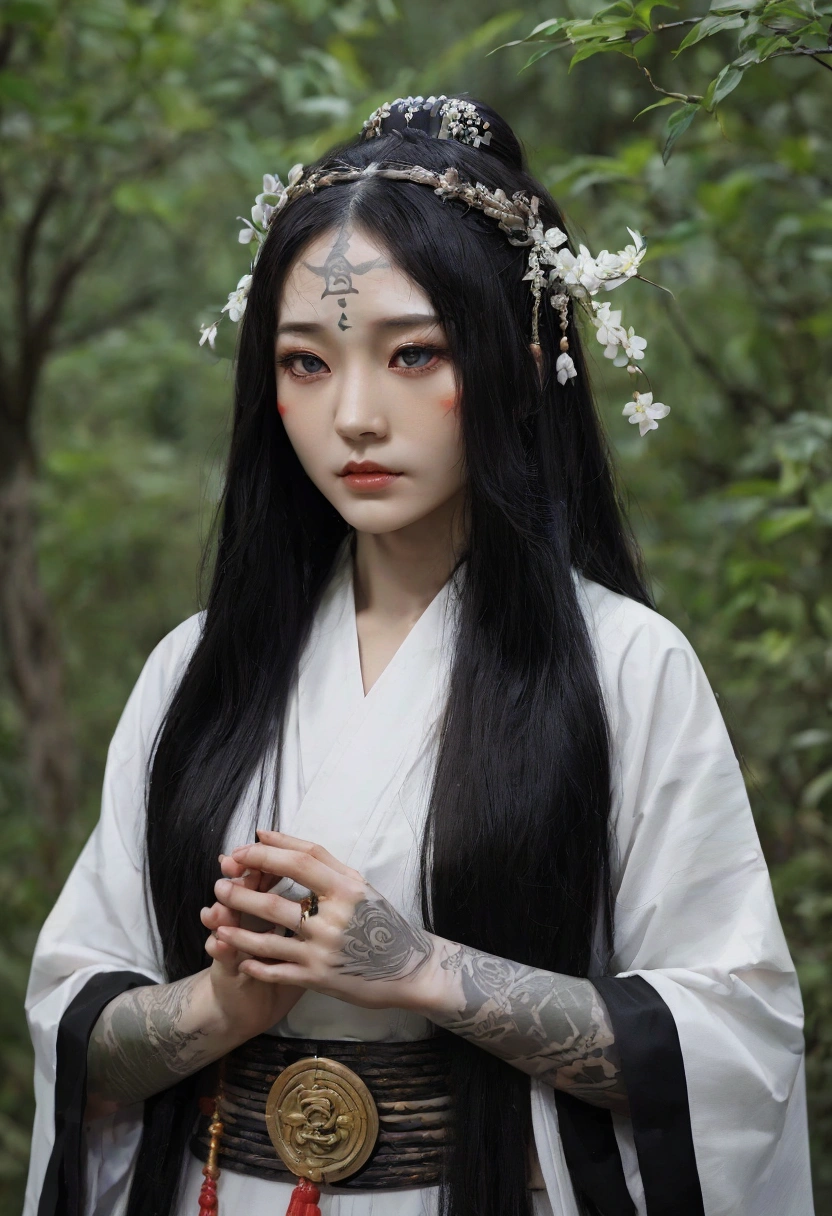 (photorealism:1.2), japanese priestess young beautiful pale fox face cute girl black long hair, ritual face make up, priestess dress, outside nature ritual face and body tattoos historical Japan