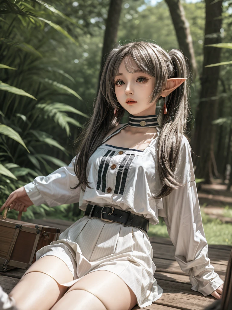 masterpiece, best quality, absurdres, 1girl, solo, FrierenBase, long hair, twintails, earrings, white capelet, striped shirt, horizontal stripes, long sleeves, belt, white skirt, gold-trim, black pantyhose, arms behind back, outdoors, forest, 