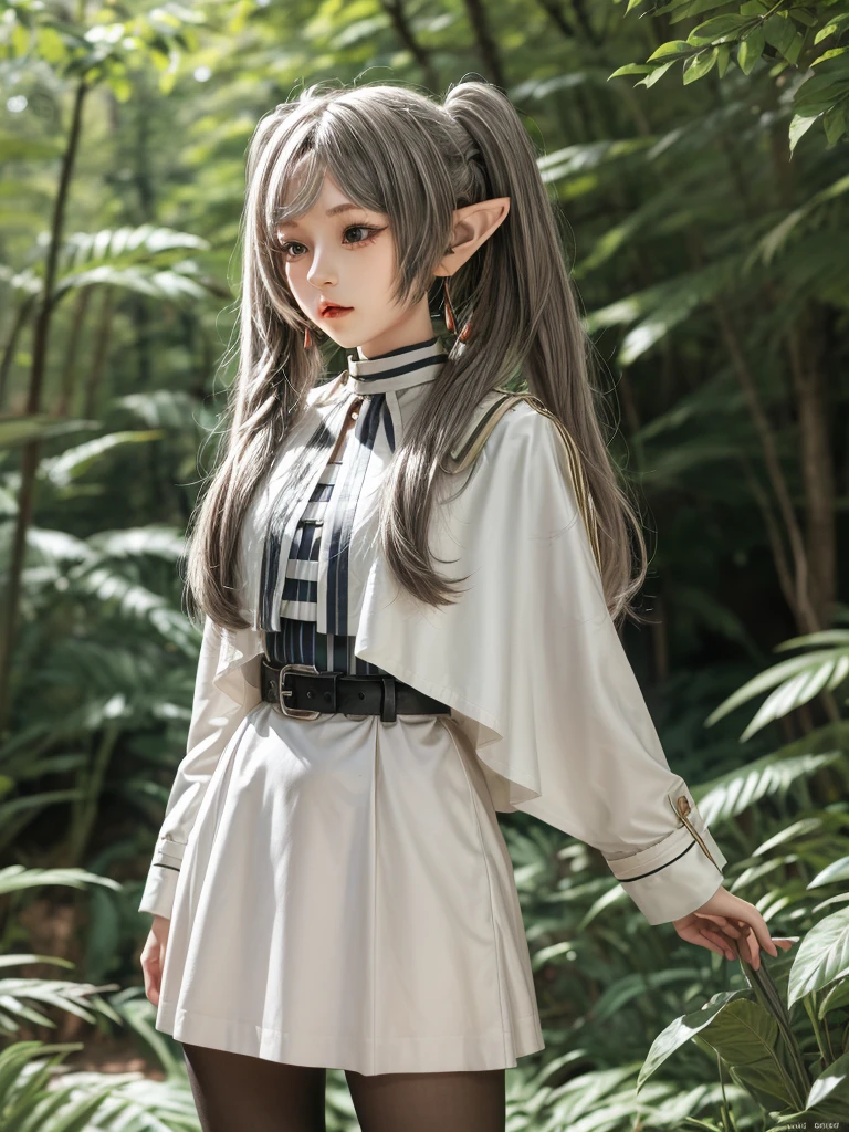 masterpiece, best quality, absurdres, 1girl, solo, FrierenBase, long hair, twintails, earrings, white capelet, striped shirt, horizontal stripes, long sleeves, belt, white skirt, gold-trim, black pantyhose, arms behind back, outdoors, forest,